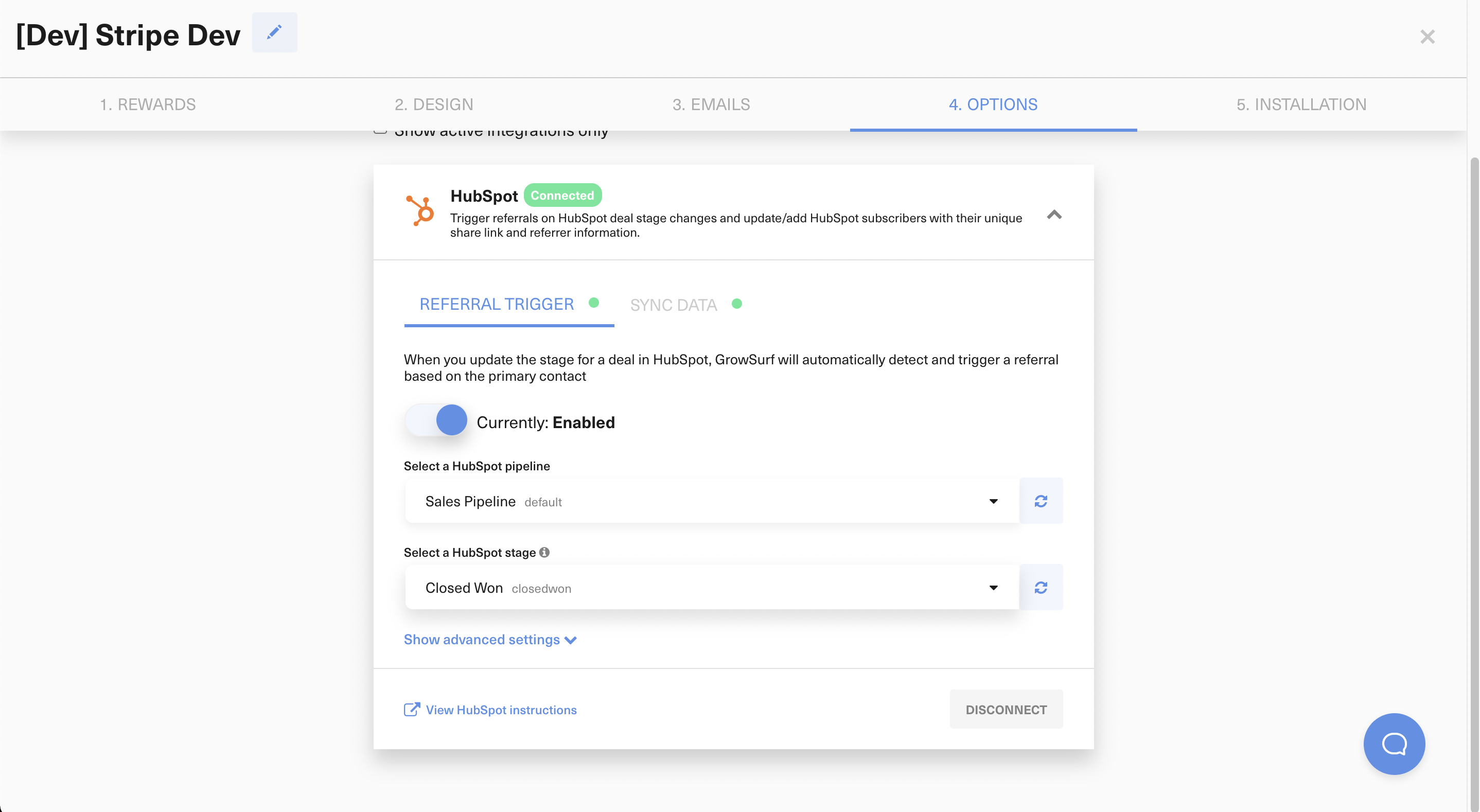 HubSpot pipeline and stage selection in GrowSurf